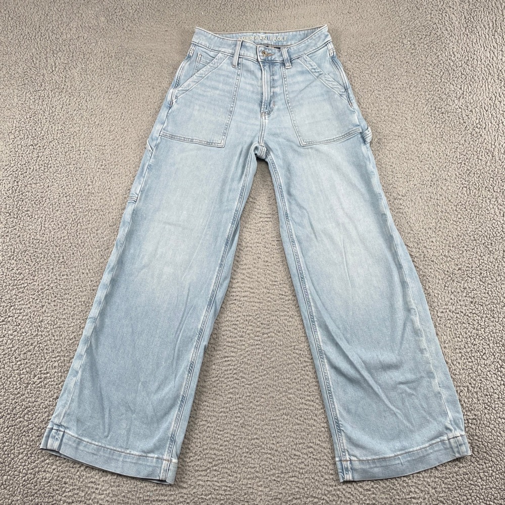 American Eagle Jeans Womens 2 Short Blue Super High-Rise Baggy Wide Leg Stretch